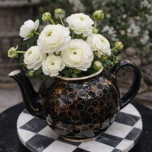 Vintage Hall China 6 Cup Teapot – Black & Gold Floral Mid Century Tea Pot